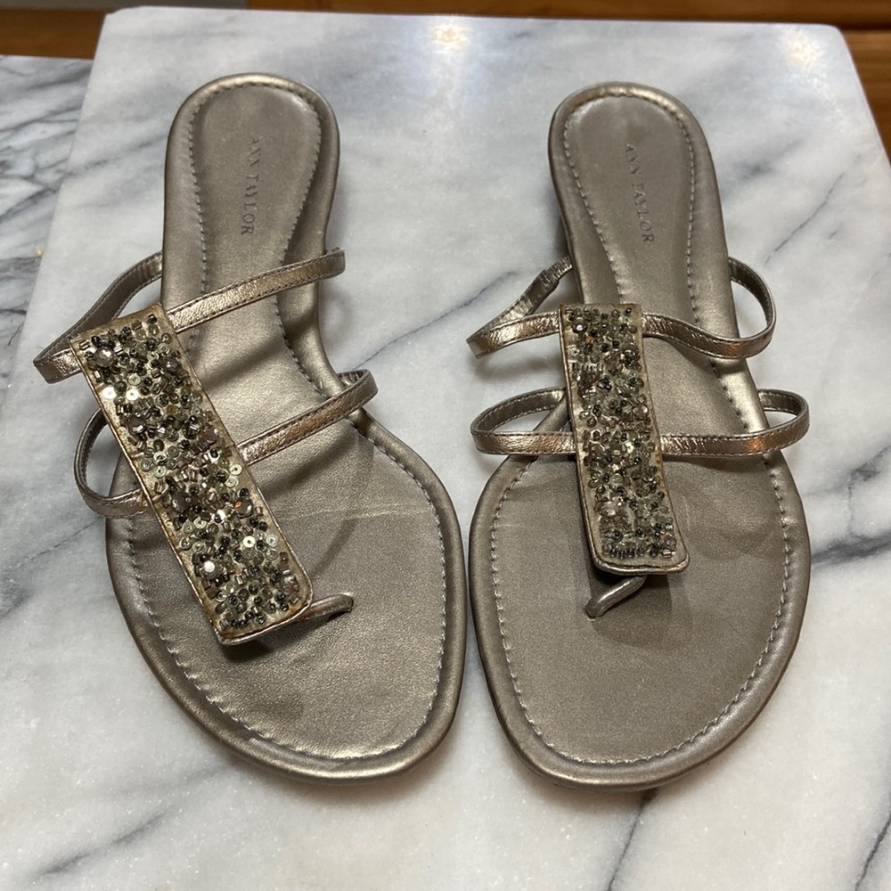 Ann Taylor Sandals, Size 7.5; Adorned in Gold Sequence, and faux Crystals.